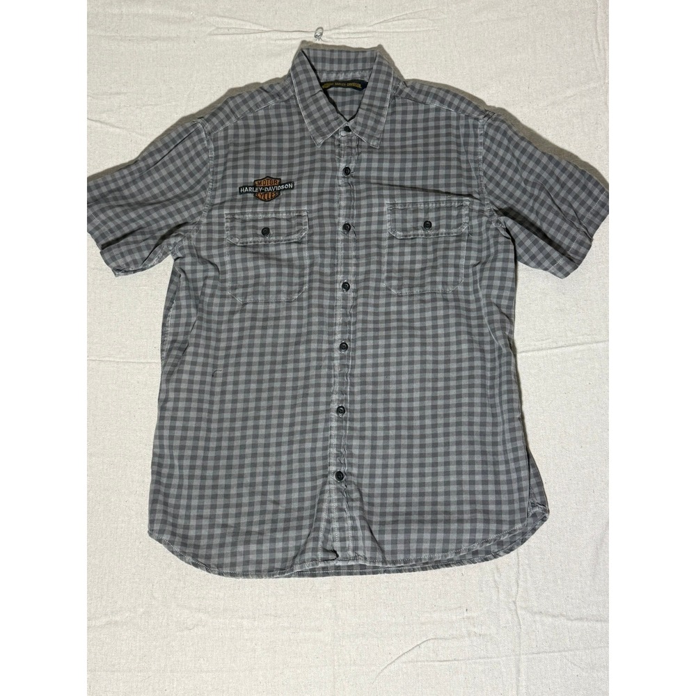 Harley-Davidson Mens Grey Gingham Plaid Short Sleeve Button Up Shirt Large L